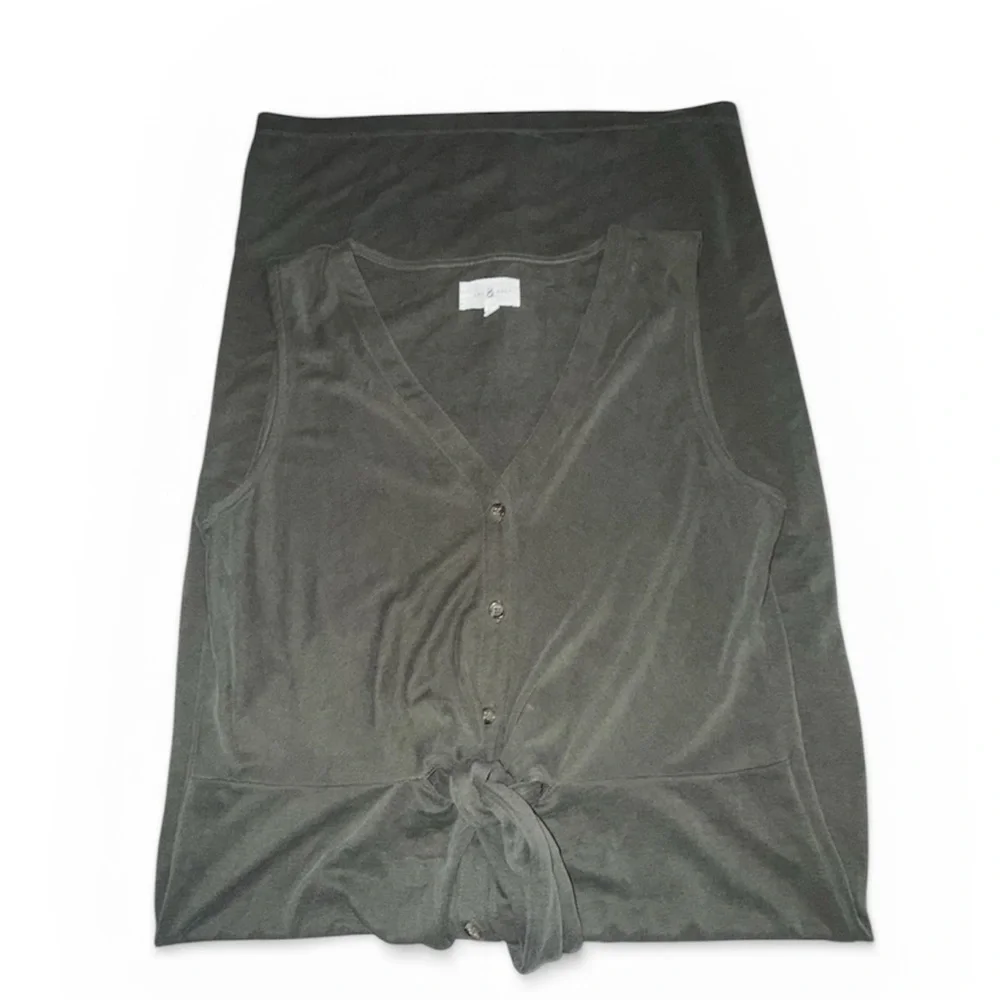 Lou & Grey Olive Gray Modal Blend Button Front Midi Dress Tie Waist Size Small - Picture 4 of 8